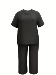 Short sleeve V-neck cotton linen top pant suit