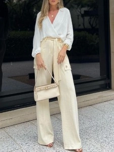 Simple crossed V-neck shirt + trousers 2-piece set