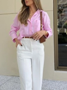 Simple elegant loose shirt + solid color pants 2-piece set