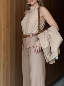 Simple women's halter top + patchwork wide-leg pant suit