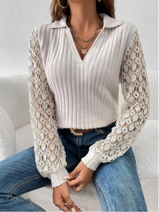 Solid color lace hollow long-sleeved V-neck pullover shirt