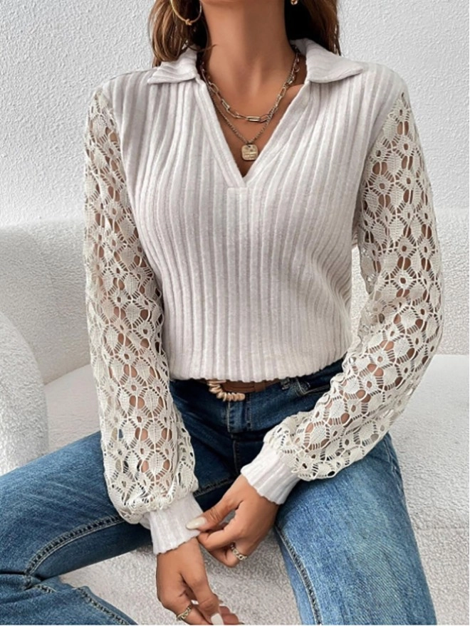 Solid color lace hollow long-sleeved V-neck pullover shirt