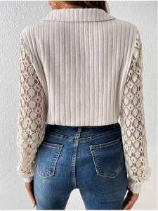 Solid color lace hollow long-sleeved V-neck pullover shirt