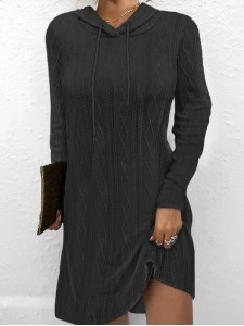 Solid color long sleeve hooded pullover knitted dress