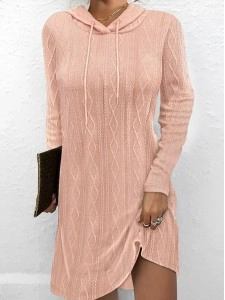 Solid color long sleeve hooded pullover knitted dress