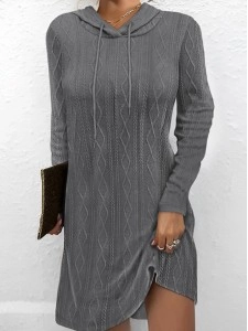 Solid color long sleeve hooded pullover knitted dress