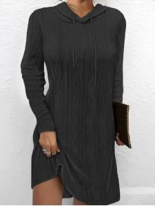 Solid color long sleeve hooded pullover knitted dress
