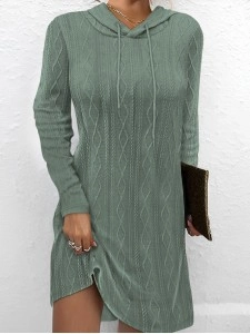 Solid color long sleeve hooded pullover knitted dress