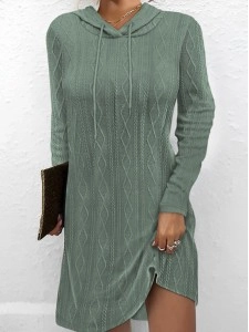 Solid color long sleeve hooded pullover knitted dress