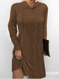 Solid color long sleeve hooded pullover knitted dress