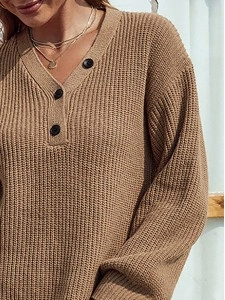Solid Color V-neck Button Mid-length Women's Sweater Dress