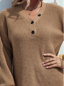 Solid Color V-neck Button Mid-length Women's Sweater Dress