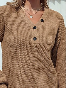Solid Color V-neck Button Mid-length Women's Sweater Dress