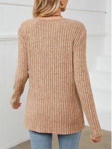 Solid pit stripe patchwork V-neck long sleeved loose fitting T-shirt