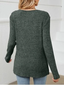 Solid pit stripe patchwork V-neck long sleeved loose fitting T-shirt