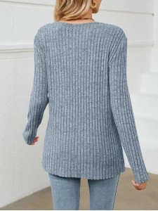 Solid pit stripe patchwork V-neck long sleeved loose fitting T-shirt