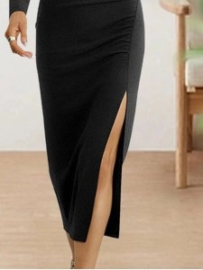 Solid Round Neck Slim Long Sleeve Split Dress