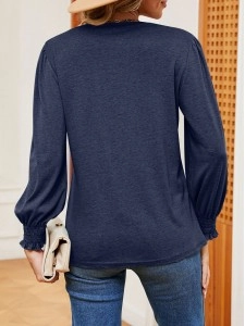 Solid V-neck gold lace patchwork loose fitting long sleeved T-shirt