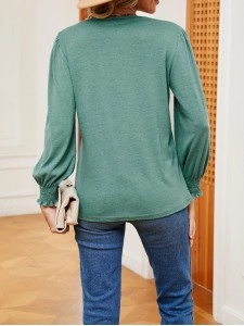 Solid V-neck gold lace patchwork loose fitting long sleeved T-shirt