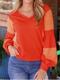 Spliced contrast cut out willow Ding V-neck top