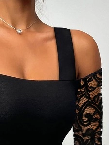 Spliced Lace Off Shoulder Long Sleeve T-shirt