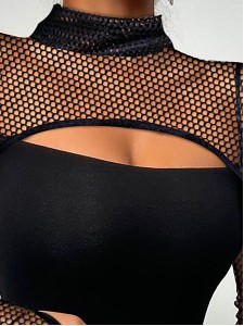 Spliced Mesh High Neck Long Sleeve T-shirt