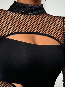 Spliced Mesh High Neck Long Sleeve T-shirt