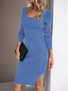 Square neck woolen hip wrap dress