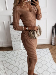 Street Solid Basic V Neck Wrapped Skirt Dresses