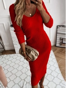 Street Solid Basic V Neck Wrapped Skirt Dresses