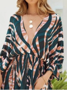Stripe Print V-Neck Belted Long Sleeve Dress