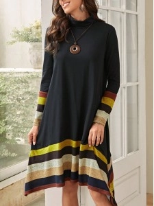 Striped Print Asymmetrical Hem Dress