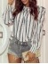STRIPED SHIRRED ROUND NECK SHEATH CASUAL BOHO BLOUSE