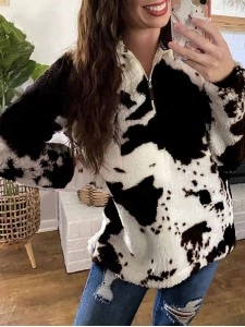 Stylish zipper plush cow print sweatshirt