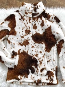 Stylish zipper plush cow print sweatshirt