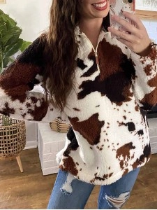Stylish zipper plush cow print sweatshirt