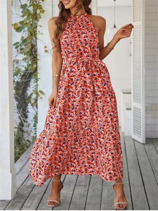 Summer Bohemian Floral Flowering Ruffle Edge Open Collar Sleeveless Long Dress
