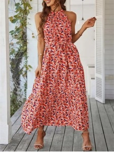 Summer Bohemian Floral Flowering Ruffle Edge Open Collar Sleeveless Long Dress