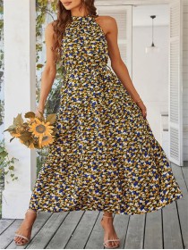 Summer Bohemian Floral Flowering Ruffle Edge Open Collar Sleeveless Long Dress