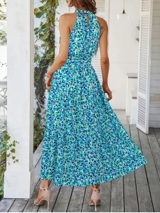 Summer Bohemian Floral Flowering Ruffle Edge Open Collar Sleeveless Long Dress