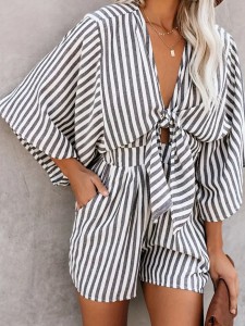 Summer V-neck short sleeve striped jumpsuit