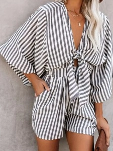 Summer V-neck short sleeve striped jumpsuit
