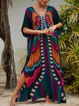 Symmetrical printed beach dress Holiday printed maxi dress