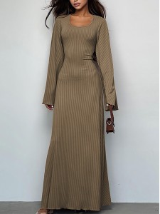Tie-back flared long-sleeved high-waist ribbed maxi skirt
