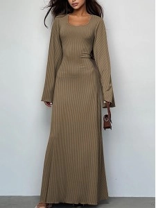 Tie-back flared long-sleeved high-waist ribbed maxi skirt