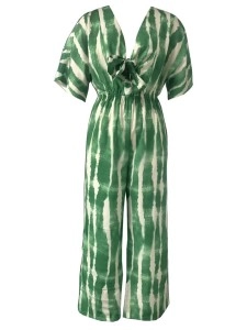 Tie dye green V-neck lace-up element wide-leg pants