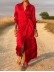 Tie High Waist Long Sleeve Slit Dress