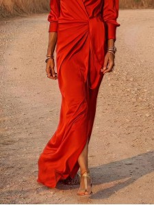 Tie High Waist Long Sleeve Slit Dress