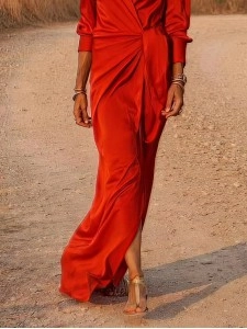 Tie High Waist Long Sleeve Slit Dress