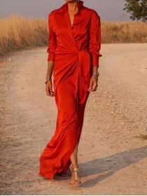 Tie High Waist Long Sleeve Slit Dress